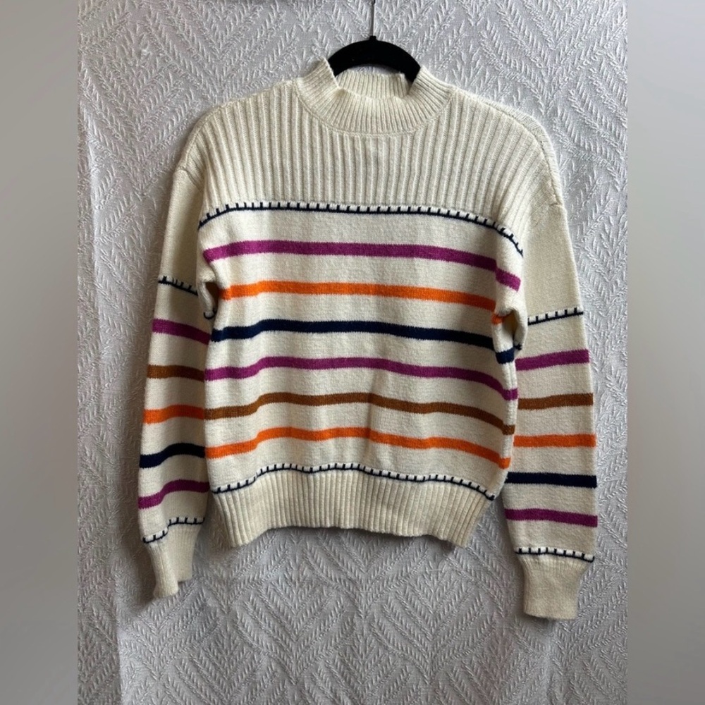 St. John's Bay Ribbed Mock Neck Striped Sweater Cream - Picture 2 of 4
